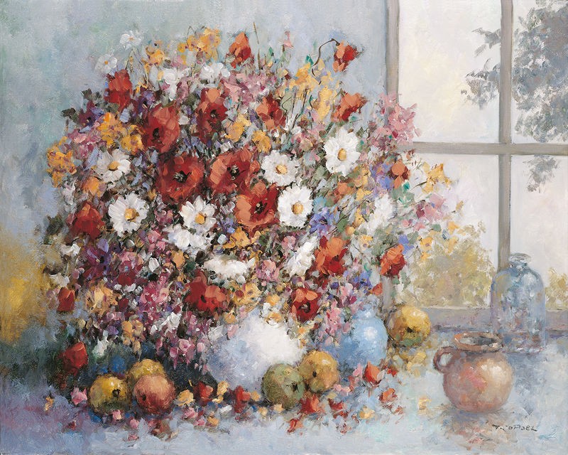 Theo Van de Poel, Colorful flowers in vase (Blumen, Bouquet, Blumenstrauß, Stillleben, üppig, prächtig, Obst, Früchte, Fenster, Wunschgröße, Treppenhaus, Esszimmer, Wohnzimmer, Malerei, bunt)