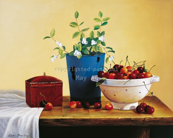 Zeke Bradshaw, Stillife with cherries (Stillleben, Blumentopf, Blüten, Obstschale, Kirschen, Tisch, Malerei, Treppenhaus, Esszimmer, Wohnzimmer, Wunschgröße, bunt)