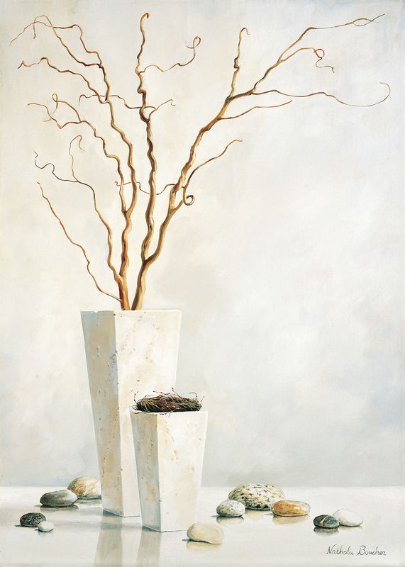 Nathalie Boucher, Twigs I (Stillleben, Zweig, weiße Blumenvase, Kieselsteine, Vase, zart, Malerei, Treppenhaus, Esszimmer, Wohnzimmer, Wunschgröße, pastellfarben)