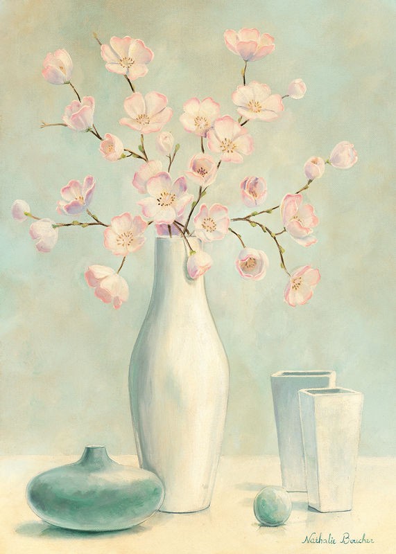 Nathalie Boucher, Pink flowers II (Stillleben, Blütenzweig, weiße Blumenvase, Vase, zart, Malerei, Treppenhaus, Esszimmer, Wohnzimmer, Wunschgröße, pastellfarben)