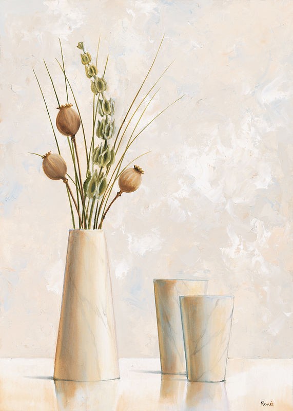 Renee, Vase and bowl II (Vase, Schale, schlicht, weiß, pastell, Gräser, Mohnkapseln,  Stillleben, modern, Treppenhaus, Esszimmer, Küche, Wunschgröße)