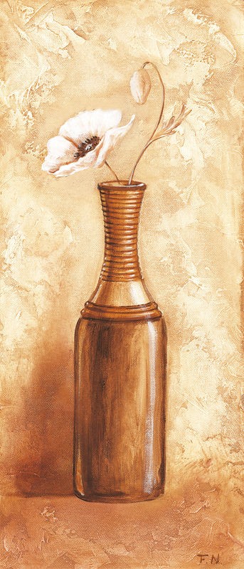 Frans Nauts, Daisy in vase I (Stillleben, Blumenvase, Mohnblume, Büte, zeitgenössich, Treppenhaus, Wohnzimmer, Esszimmer, Wunschgröße, Malerei, beige/gold)