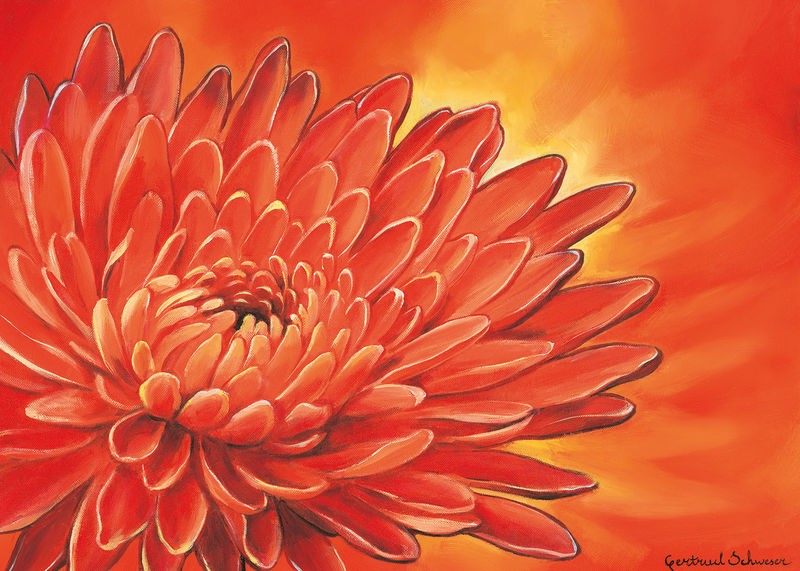 Gertrud Schweser, Red flower I (Blume, Blüten, Blütenblätter, Botanik, Wunschgröße, Malerei, Treppenhaus, Wohnzimmer, Esszimmer, orange/rot)