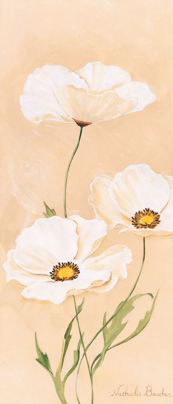 Nathalie Boucher, White poppy I (Blumen, Blüte, Blütenblätter, weißer Mohn, Botanik, Pflanze, zart, Malerei, Treppenhaus, Schlafzimmer, Wohnzimmer, Wunschgröße, pastellfarben)