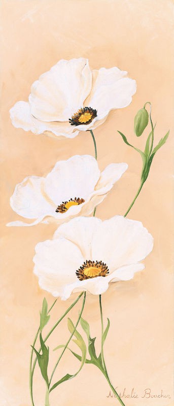 Nathalie Boucher, White poppy III (Blumen, Blüte, Blütenblätter, weißer Mohn, Botanik, Pflanze, zart, Malerei, Treppenhaus, Schlafzimmer, Wohnzimmer, Wunschgröße, pastellfarben)