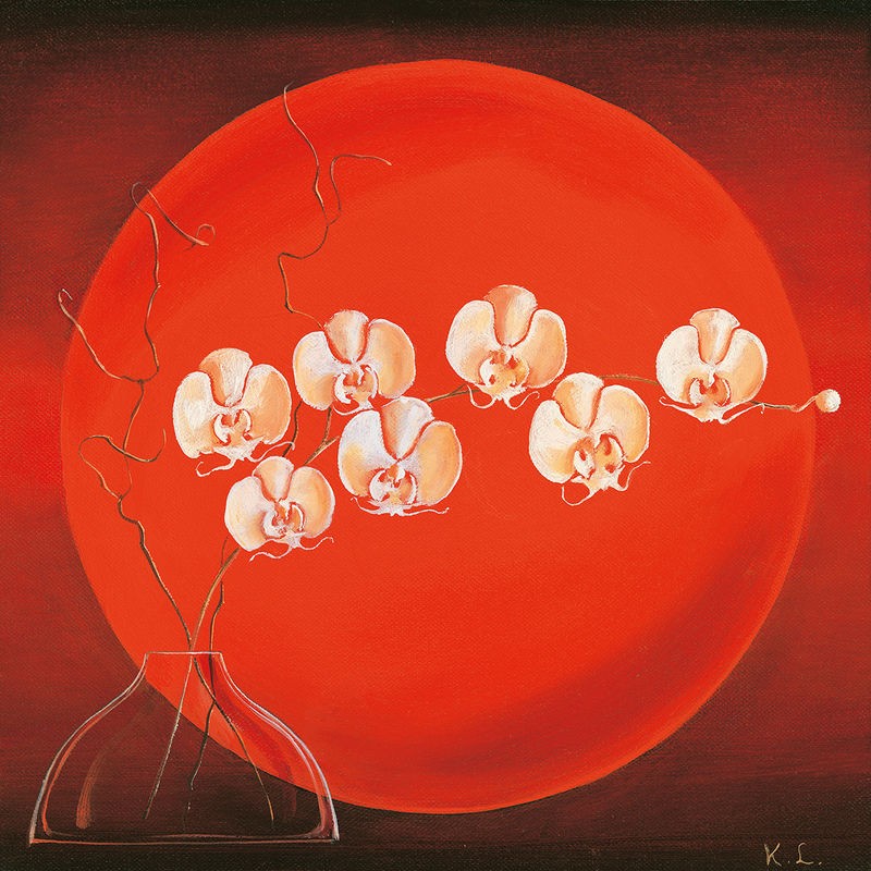 Karin Leijs, Vase in circle II (Stillleben, Vase, Glasvase, Blütenzweig, roter Kreis, geometrische Form, abstrakter Hintergrund, Treppenhaus, Wohnzimmer, Esszimmer, Wunschgröße, rot)