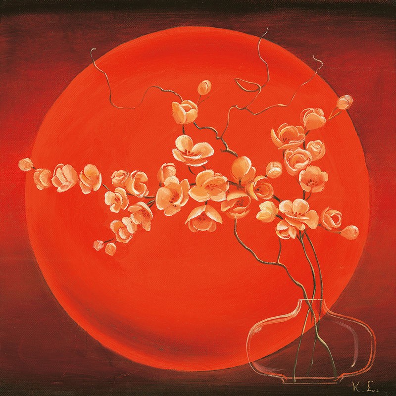 Karin Leijs, Vase in circle III (Stillleben, Vase, Glasvase, Blütenzweig, roter Kreis, geometrische Form, abstrakter Hintergrund, Treppenhaus, Wohnzimmer, Esszimmer, Wunschgröße, rot)