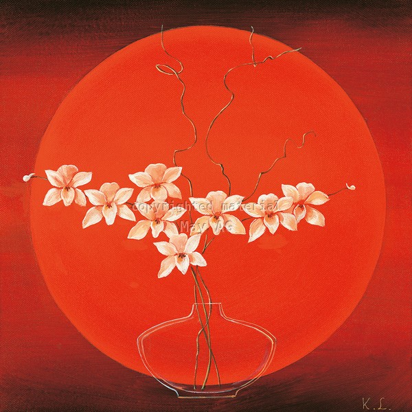 Karin Leijs, Vase in circle IV (Stillleben, Vase, Glasvase, Blütenzweig, roter Kreis, geometrische Form, abstrakter Hintergrund, Treppenhaus, Wohnzimmer, Esszimmer, Wunschgröße, rot)