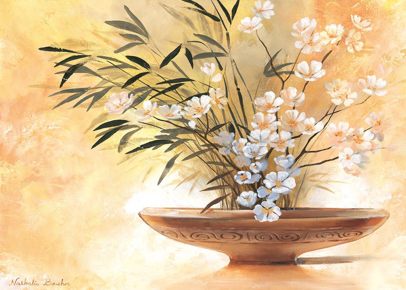 Nathalie Boucher, Summer bowl I (Stillleben, Blütenzweig, braune Blumenschale, Schale, modern, Malerei, Treppenhaus, Esszimmer, Wohnzimmer, Wunschgröße, bunt)
