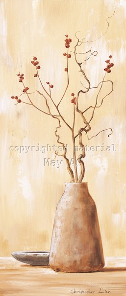 Christopher Lien, Red berries V (Stillleben, Vase, Zweige, Beeren, modern, Malerei, zeitgenössisch, Treppenhaus, Wohnzimmer, Esszimmer,  Wunschgröße, beige)