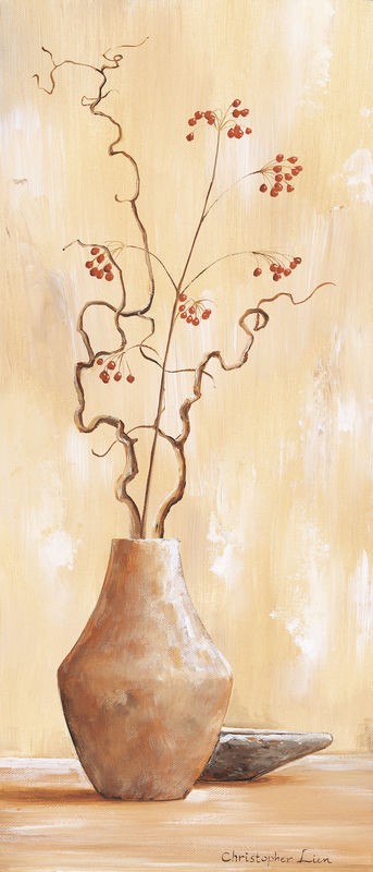 Christopher Lien, Red berries VI (Stillleben, Vase, Zweige, Beeren, modern, Malerei, zeitgenössisch, Treppenhaus, Wohnzimmer, Esszimmer, Wunschgröße, beige)