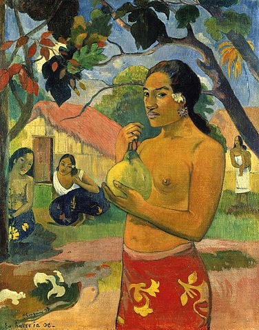 Paul Gauguin, Frau, die eine Frucht hält (Wohin gehst Du?). 1893 (Gauguin,Paul,1848-1903,St. Petersburg,Eremitage,Öl auf Leinwand,19. Jahrhundert,Gauguin,Paul Gauguin,Südsee,Frau,Tahiti,exotisch,Exotik,Frucht,schön,Schönheit,19. Jahrhundert,paradiesisch,farbenfroh,Farben,bunt,einheimisch,Eingeborene,ursprünglich,tropisc)