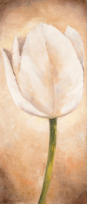 Lenna Lotus, Tulip on beige I (Tulpe, Blume, Blüte, Pflanze, Treppenhaus, Wohnzimmer, Esszimmer, Wunschgröße, Malerei, weiß)
