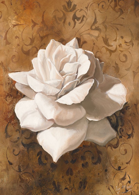 Isa Maas, Single flower I (Rose, Blume, Blüte, florale Muster, Brokat, Treppenhaus, Wohnzimmer, Esszimmer, Schlafzimmer, Wunschgröße, Malerei, weiß/gold)