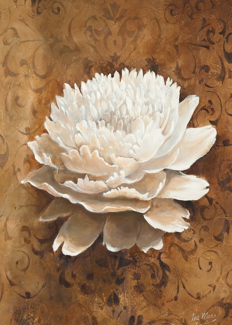 Isa Maas, Single flower II (Blume, Blüte, florale Muster, Brokat, Treppenhaus, Wohnzimmer, Esszimmer, Schlafzimmer, Wunschgröße, Malerei, weiß/gold)