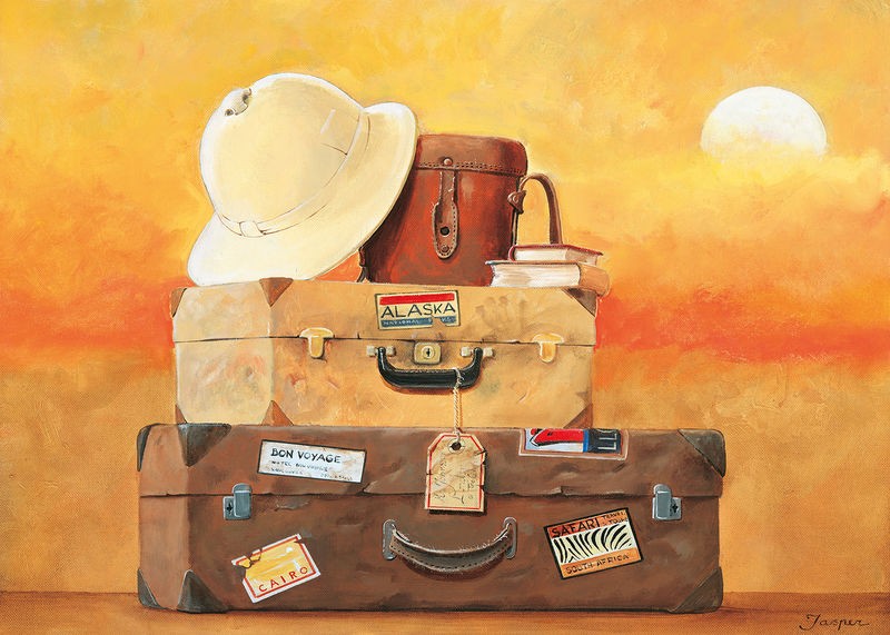 Jasper, Travel II (Koffer, Tropenhelm, Hut, Sonnenuntergang, Fernweh, Reisen,  Wohnzimmer, Treppenhaus,Wunschgröße, Malerei, bunt)