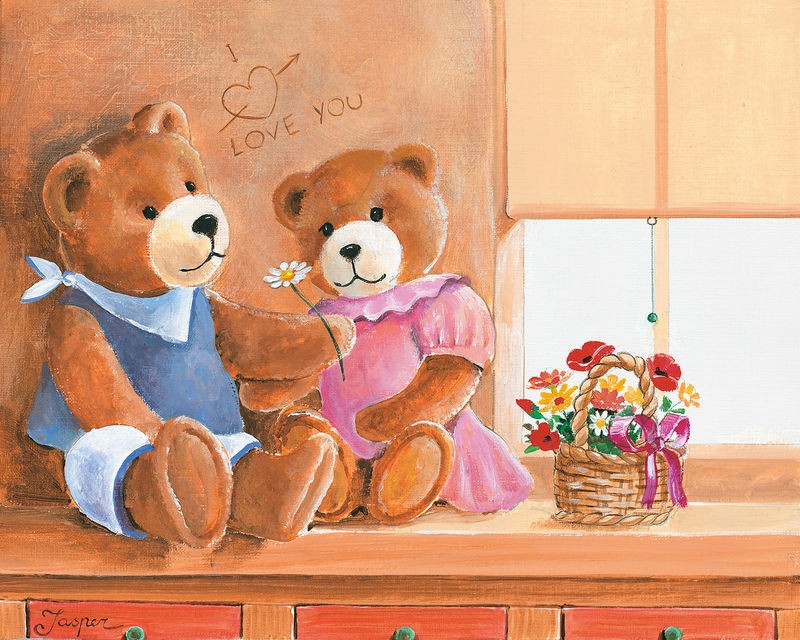Jasper, Mrs. And Mr. Bear I (Teddy, Bären, Kuscheltiere, Spielzeug, Nostalgie, Vintage, niedlich, putzig, Kinderzimmer, Wohnzimmer, Treppenhaus, Schlafzimmer, Wunschgröße, Malerei, bunt)