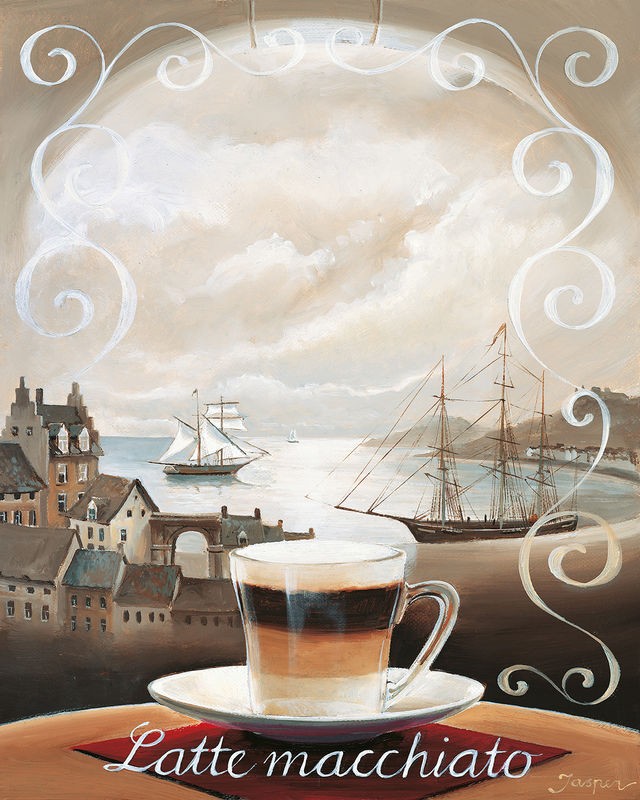 Jasper, Latte Macchiato (Kaffee, Café, Urlaub, Genuss, Panorama, Hafen, Segelboot, Dreimaster, Nostalgie, Italien, Küche, Esszimmer, Gastronomie, Treppenhaus, Wunschgröße, Malerei, bunt)