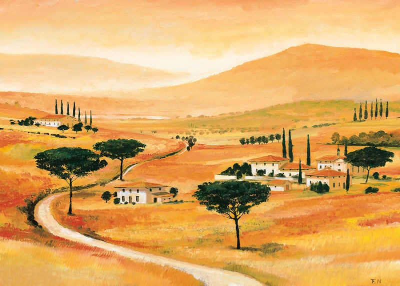 Renee, Tuscany III (Landschaftsmalerei, Landschaft, Toskana, Italien, Hügel,  Pinien, Idylle, mediterran, Zypressen, Dorf, Wunschgröße, Wohnzimmer, Arztpraxis)