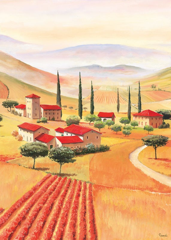 Renee, Tuscan Village II (Landschaftsmalerei, Landschaft, Toskana, Italien, Hügel,  Pinien, Idylle, mediterran, Zypressen, Dorf, Wunschgröße, Wohnzimmer, Arztpraxis)