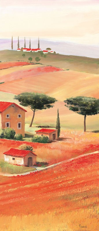 Renee, Tuscan Vilage VI (Landschaftsmalerei, Landschaft, Toskana, Italien, Hügel,  Pinien, Idylle, mediterran, Zypressen, Dorf, Wunschgröße, Wohnzimmer, Arztpraxis)