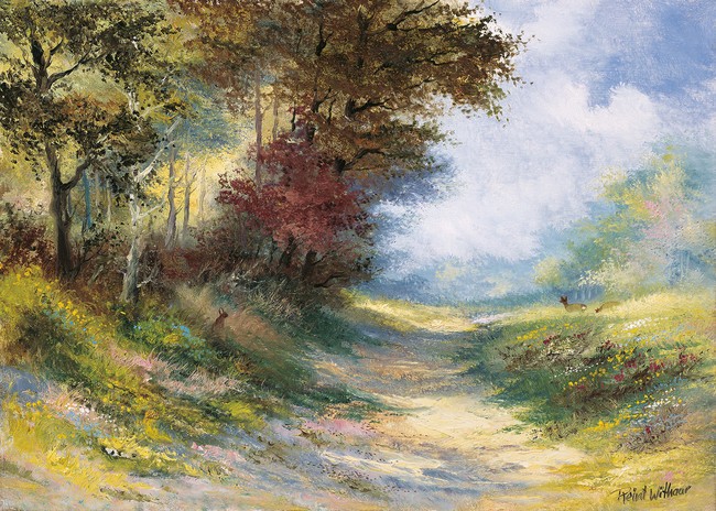 Reint Withaar, Path to somewhere (Wald, Waldrand, Weg, Bäume, Einsamkeit, Ruhe, Idylle, Landschaft, Treppenhaus, Wohnzimmer, Esszimmer, Malerei, Wunschgröße, bunt)