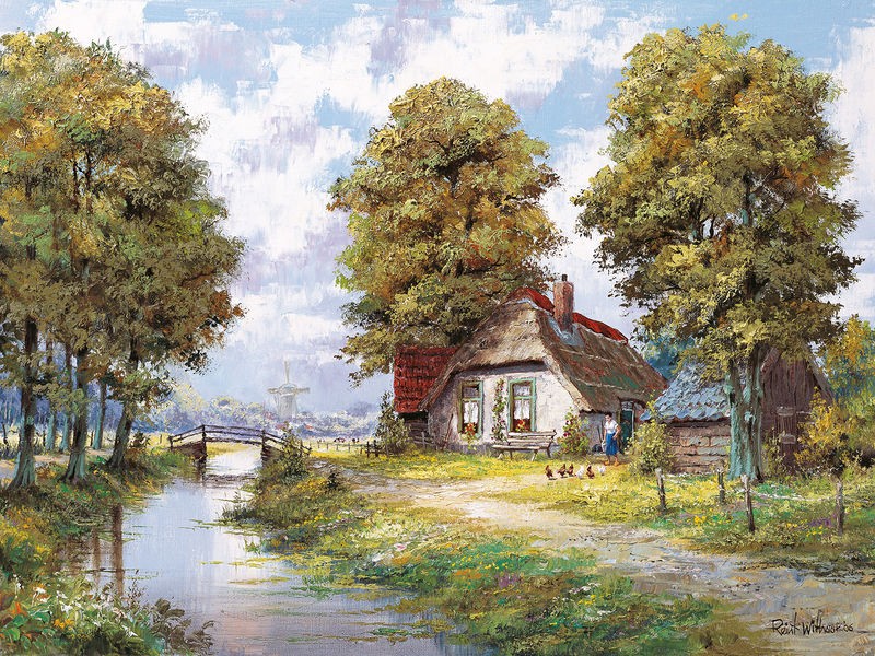 Reint Withaar, Farmhouse near river (Bauernhaus, Nostalgie, Fluss, Idylle, Landschaft, Treppenhaus, Wohnzimmer, Esszimmer, Malerei, Wunschgröße, bunt)
