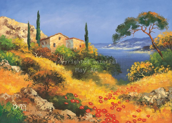 Burgy, View on ocean I (Landschaft, Meer, mediterran, Zypressen, Sommer, Urlaub, Malerei,  Treppenhaus, Wohnzimmer, Wunschgröße, bunt)