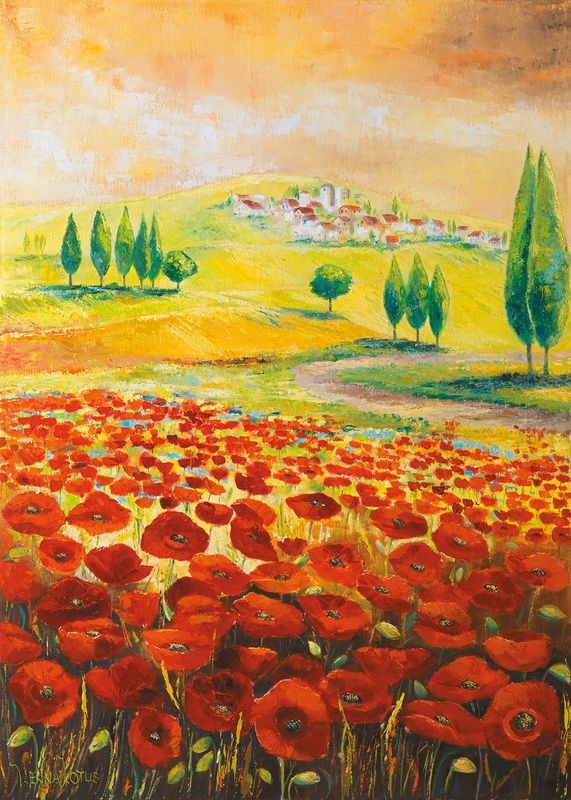 Lenna Lotus, Poppyfield II (Mohnblumen, Blumen, Blüten, Mohnfeld, Pflanzen, Sommer, mediterran, Treppenhaus, Wohnzimmer, Esszimmer, Wunschgröße, Malerei, bunt)