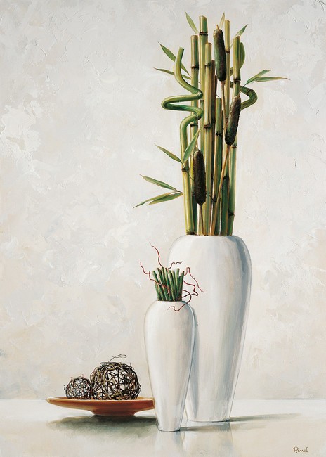 Renee, Bamboo in white vase I (Vasen, Bambuszweige, Teller, Dekokugeln, Stillleben, modern, asiatisch, Treppenhaus, Esszimmer, Küche, Wunschgröße, weiß/grün)