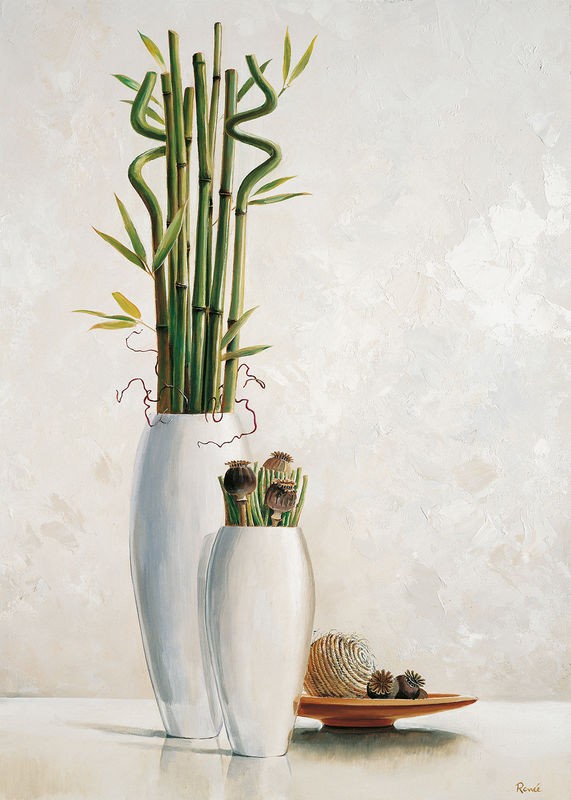 Renee, Bamboo in white vase II (Vasen, Bambuszweige, Teller, Dekokugeln, Stillleben, modern, asiatisch, Treppenhaus, Esszimmer, Küche, Wunschgröße, weiß/grün)