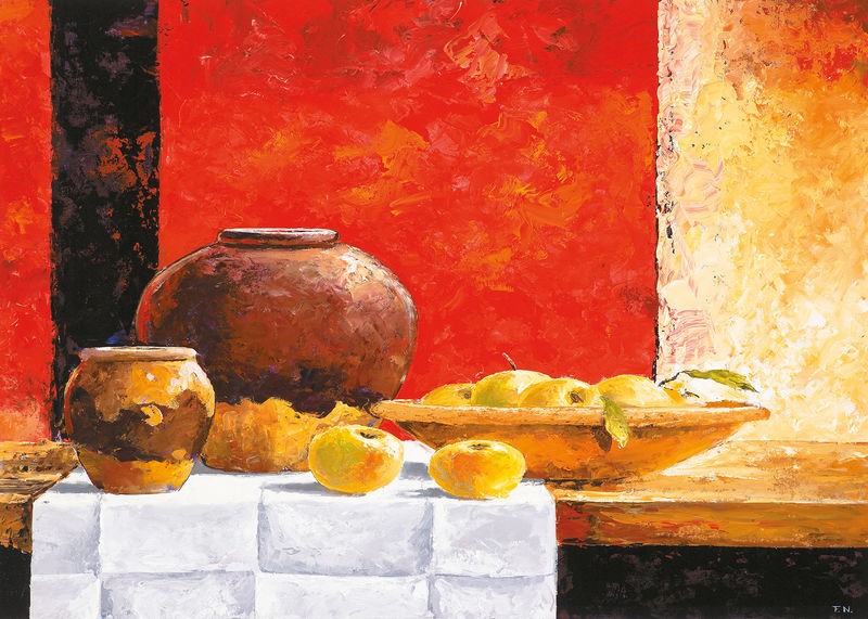 Frans Nauts, Stillife with apples II (Stillleben, Tontopf, Äpfel, Becher, abstrakter Hintergrund, dekorativ, zeitgenössisch, Wohnzimmer, Esszimmer, Wunschgröße, Malerei, rot/bunt)
