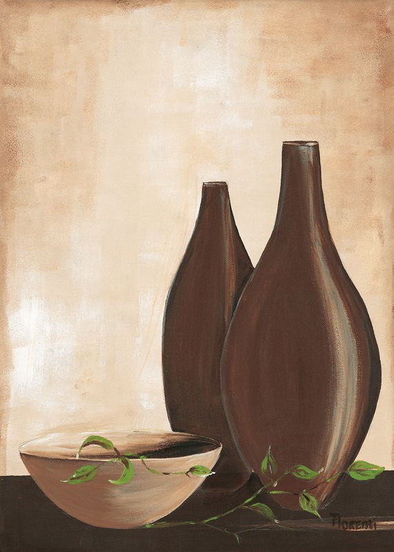 Florenti, Brown vase IV (Stillleben, Vasen, Schüssel, grüner Zweig, modern, zeitgenössisch, dekorativ, Malerei, Wunschgröße, Treppenhaus, Esszimmer, Wohnzimmer, beige/braun)