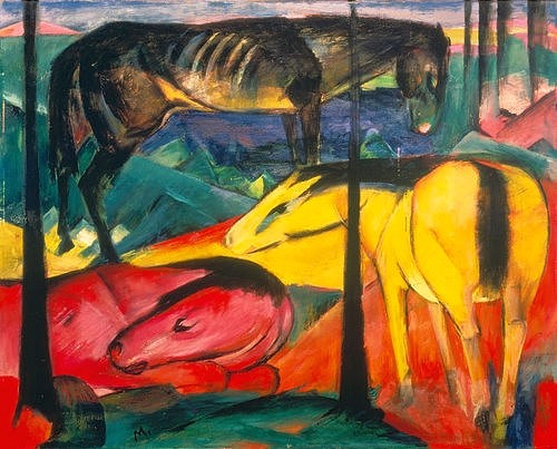 Franz Marc, Die drei Pferde. 1913. (Marc,Franz,1880-1916,Kochel,Franz-Marc-Museum,Öl/Papier,)