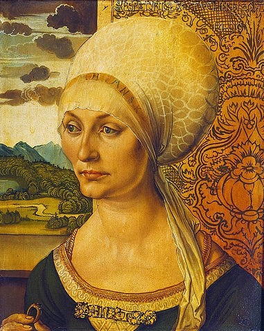 Albrecht Dürer, Bildnis der Elisabeth Tucher. 1499 (Dürer,Albrecht,1471-1528,Kassel,Staatliche Gemäldegalerie,Lindenholz,16. Jahrhundert,15. Jahrhundert,Portrait,Dürer, Albrecht Dürer,Kopfbedeckung,Frau,Renaissance,Haube,20 DM Banknote,zwanzig Mark,Patrizier,Patrizierin,Bürgerin,Ring,Ehefrau,Ausblick,Lands)