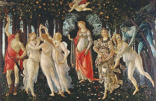 Sandro Botticelli, Der Frühling. 1478 (Frühling, Venus, Amor, Göttin, Windgott Zephir, Nymphe, Flora, Merkur, Grazien, Blüten, Mythologie, Renaissance, Klassiker, Schlafzimmer, Wohnzimmer, Wunschgröße bunt)