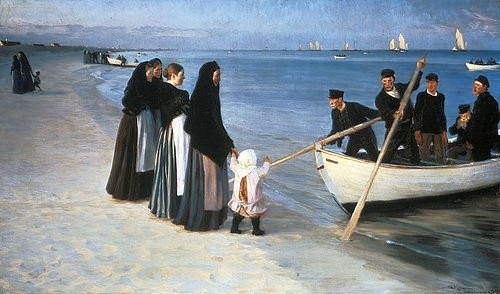 PEDER SEVERIN KROYER, Ausfahrt der Fischer. Skagen 1894 (19. Jahrhundert,Skandinavien,Öl auf Leinwand,1851-1909,Kroyer,Peter Severin,Christie's Images Ltd,Fischer,Dänemark,Kroyer, Peter Severin 1851-1909,Fischfangflotte,Flotte,Fischfang,Ausfahrt,Männer,Fischerboot,Meer,abstoßen,Strand,Frauen,küste,Schürze,Klein)