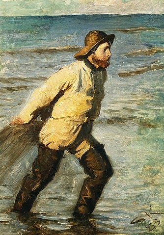 PEDER SEVERIN KROYER, Dänischer Fischer beim Einbringen des Netzes. 1883 (Christie's Images Ltd,Kroyer,Peter Severin,1851-1909,Öl auf Leinwand,19. Jahrhundert,Fotograf:  ? Christie's Images Ltd - ARTOTHEK,Peder Severin Kroyer,Fischer,Kroyer, Peter Severin 1851-1909,ziehen,Gummistiefel)