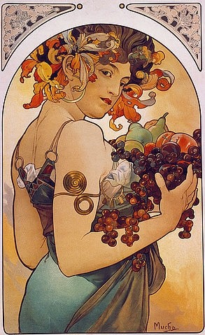 Alfons Maria Mucha, Obst. 1897. (Mucha,Alfons,1860-1939,Farblithographie,Frauen, Junge,Frauen,Jugendstil,Obst,Mucha, Alfons 1860-1939)