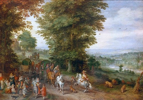 JAN BRUEGHEL DER ÄLTERE, Belebte Landstrasse. 1619 (Kutschen, Reiter, Landstraße, Menschen, Landschaft, Barock, Klassiker, Malerei, Wunschgröße, Wohnzimmer, bunt)