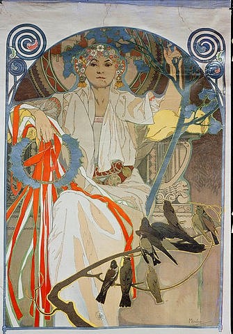 Alfons Maria Mucha, Plakat für das Gesangs- und Musikfest Frühling 1914 in Prag. 1914. (Mucha,Alfons,1860-1939,Farblithographie,Plakate,Vögel,Mucha, Alfons 1860-1939)