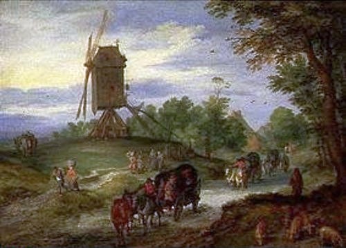 JAN BRUEGHEL DER ÄLTERE, Die überschwemmte Landstrasse (Landschaft, Landschaftsmalerei, Windmühle, Weg, Überschwemmung, Wasser, Kutsche, Lastenträger,   Barock, Klassiker, Malerei, Wunschgröße, Wohnzimmer, bunt)