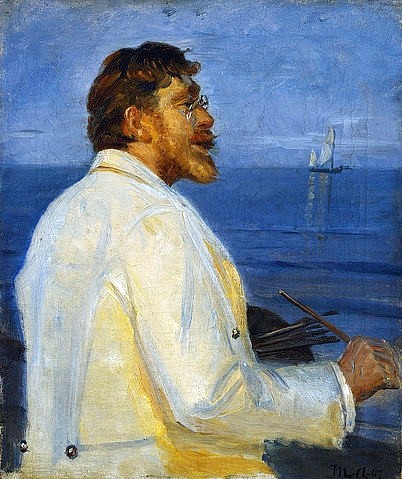 Michael Peter Ancher, Bildnis des Malers Peter Severin Kroyer. 1907. (Malerei, Impressionismus, Portrait, Künstler, Kroyer, Meer, Segelboot, Klassiker, Wohnzimmer, Wunschgröße, bunt)