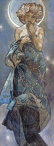 Alfons Maria Mucha, Sterne: Der Mond. 1902 (Mucha,Alfons,1860-1939,Tusche/Aquarell,Privatbesitz,Jugendstil,Allegorie,Mond,Mucha, Alfons 1860-1939,Nacht,Mondsichel,Abend,Frau,blau)
