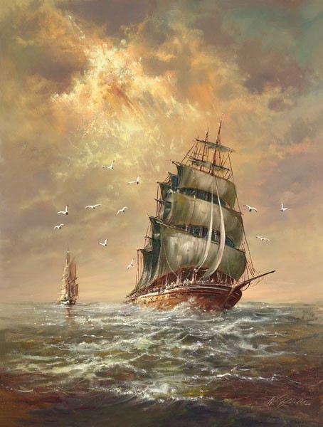 Helmut Glassl, STORMY WEATHER (Malerei, Meeresbrise, Natur,  See, Segelboot, Dreimaster, Sturm, Seegang, Boot, Meer, Wasser, Möwen, düster, bedrohlich, Unwetter, Wohnzimmer, Treppenhaus, Wunschgröße, bunt)