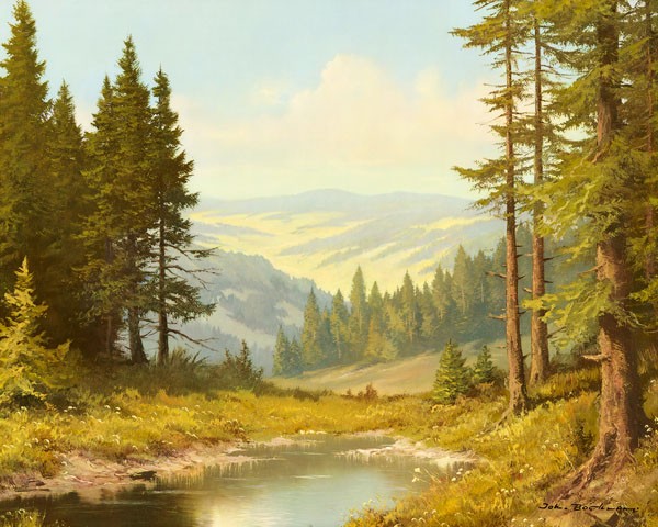 Joh. Bochmann, WALDESFRIEDEN (Landschaft, Landschaftsmalerei, Berge, Gebirge, Bergsee, Nostalgie, Idylle, Bäume, Wald, Waldesruh, Wunschgröße, Wohnzimmer, Malerei, bunt)