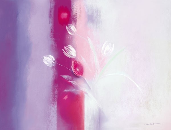 Marilyn Robertson, BLUMENILLUSIONEN I (Malerei, Stillleben, Blumen, Blüten, Tulpen, filigran, Vase, modern, dekorativ, Wunschgröße, Schlafzimmer, Treppenhaus, Wohnzimmer,pink/pastell)