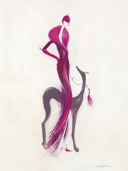 Marilyn Robertson, MY LADY I (Malerei, junge Frau, Eleganz, Mantel, Hund, Windhund, schlank, dekorativ, modern, Schlafzimmer, Treppenhaus, Wohnzimmer, Jugendzimmer, Bistro, Wunschgröße, bunt)