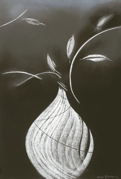 Marilyn Robertson, EBONY & IVORY II (Malerei, Stillleben, Zweige,  Vase, modern, dekorativ, Wunschgröße, Schlafzimmer, Treppenhaus, Wohnzimmer, sepia/grau)