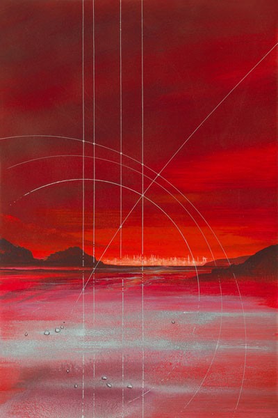 John Bate, DESIRE (Abstrakte Kunst, Landschaft, Ebene, Muster, Linien, Wunschgröße, Treppenhaus, Wohnzimmer, Büro, modern, zeitgenössische Malerei, feuerrot, rot)